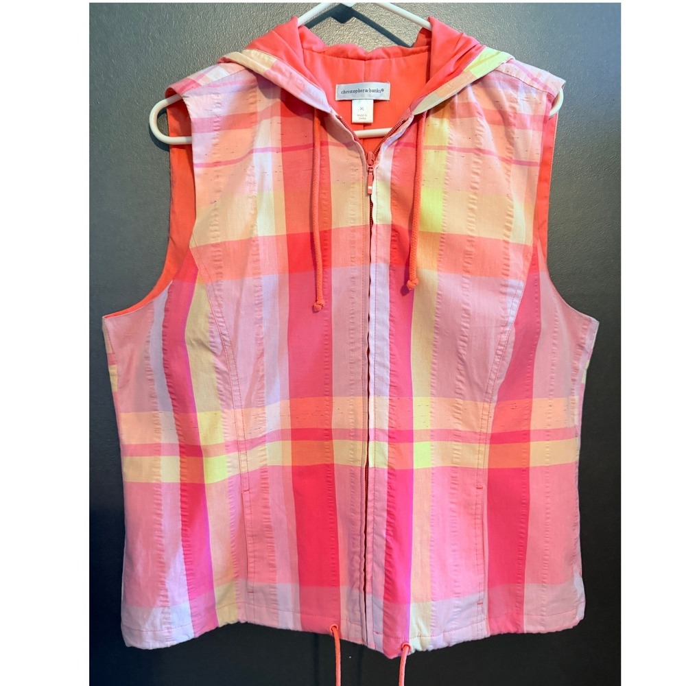 Christopher & Banks Hooded Vest Women XL Pink Plaid Excellent Full Zip Lined